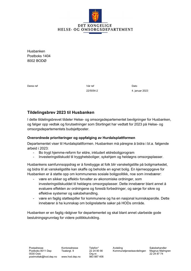 Forsiden av dokumentet Tildelingsbrev Husbanken 2023