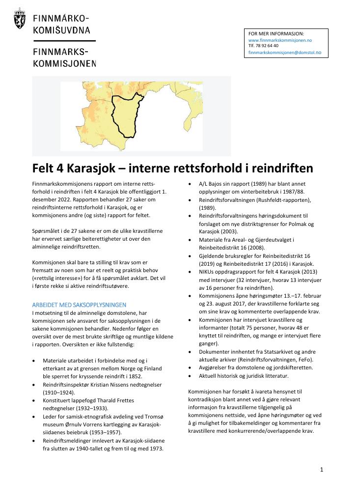 Forsiden av dokumentet Felt 4 Karasjok - Reindriftsrapport
