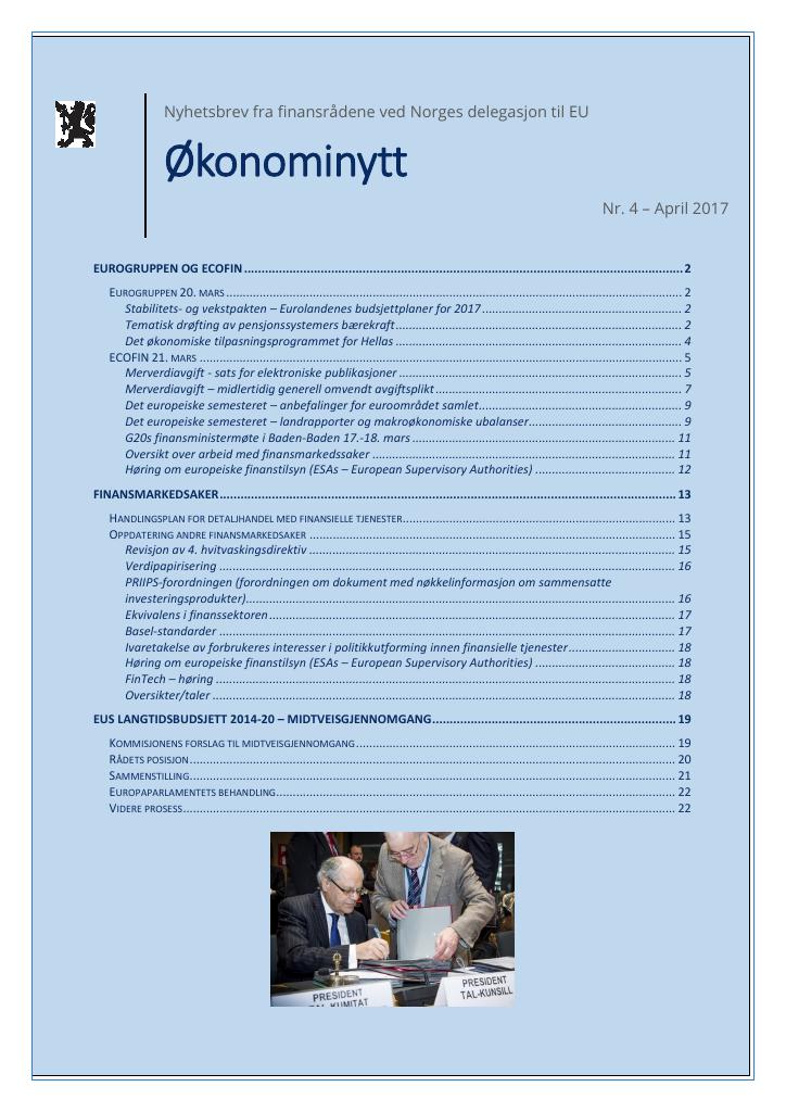 Forsiden av dokumentet Økonominytt fra EU-delegasjonen, april 2017
