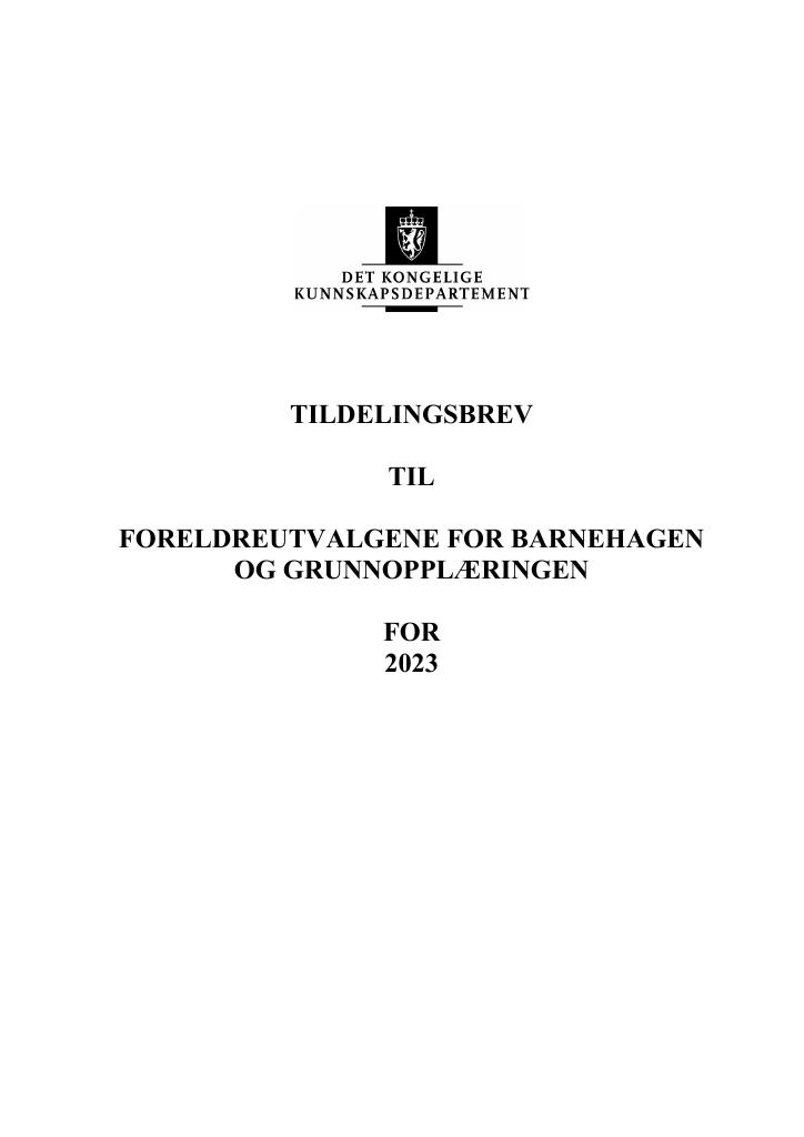 Forsiden av dokumentet Tildelingsbrev Foreldreutvalget for grunnopplæringen og barnehager 2023