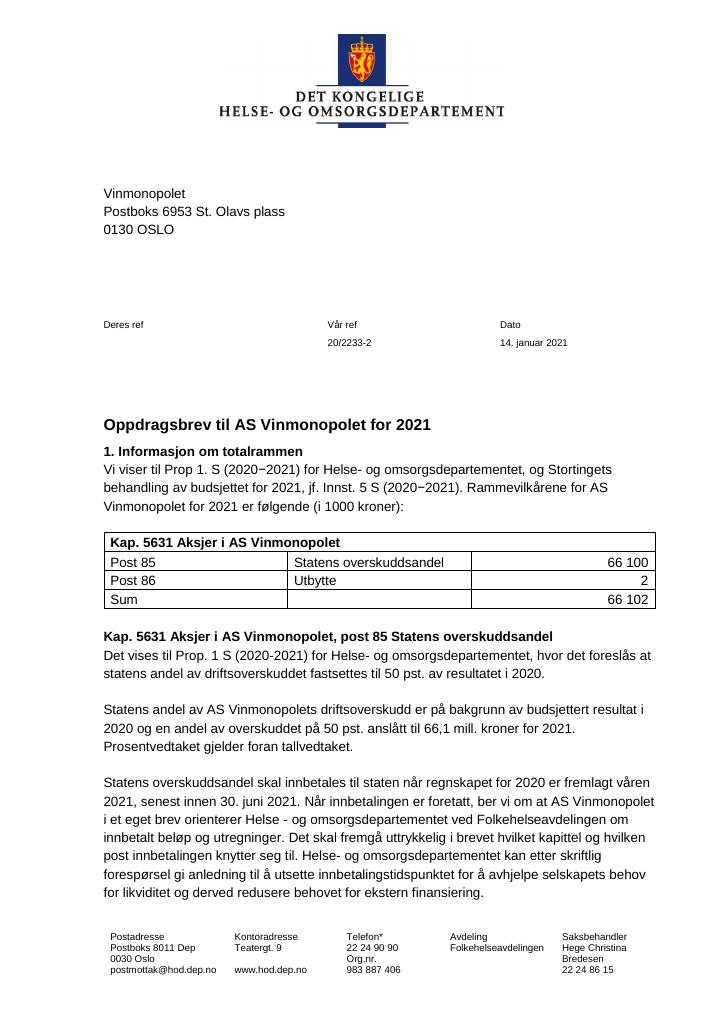 Forsiden av dokumentet Oppdragsbrev Vinmonopolet 2021