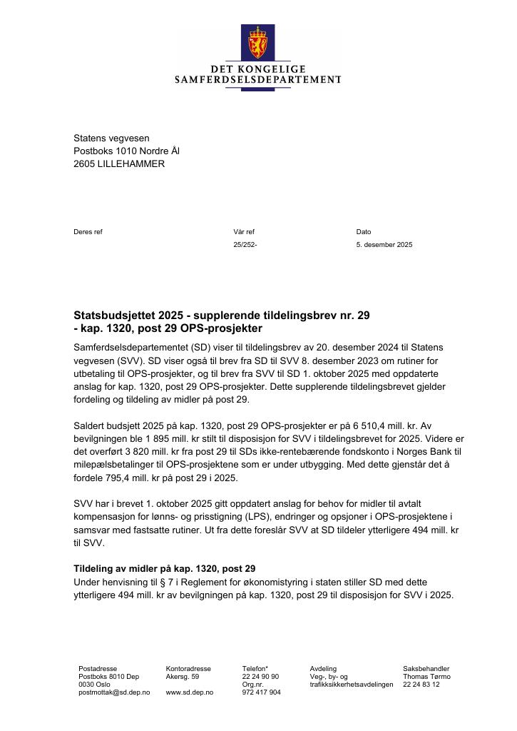 Forsiden av dokumentet Tildelingsbrev Statens vegvesen 2025 - tillegg nr. 29