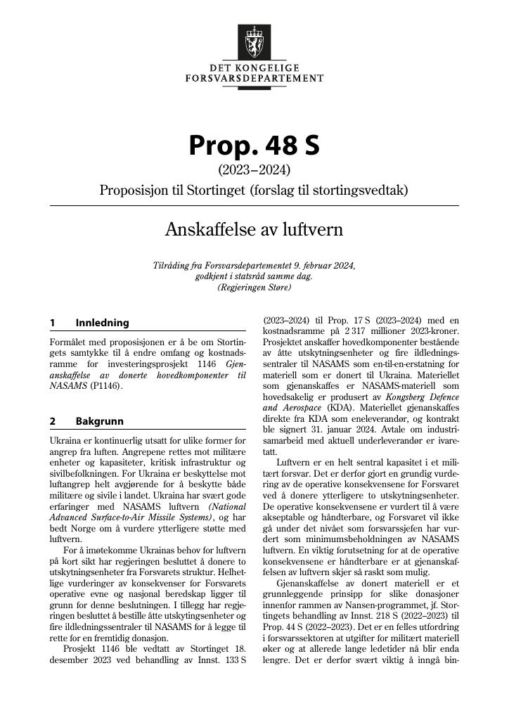 Forsiden av dokumentet Prop. 48 S (2023–2024)