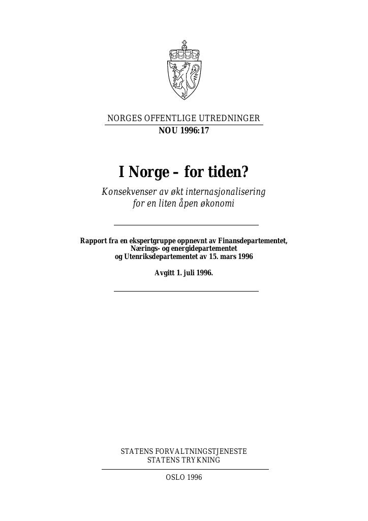 Forsiden av dokumentet NOU 1996: 17 - I Norge – for tiden?