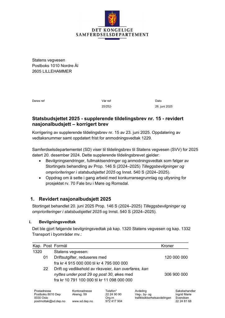 Forsiden av dokumentet Tildelingsbrev Statens vegvesen 2025 - tillegg nr. 15