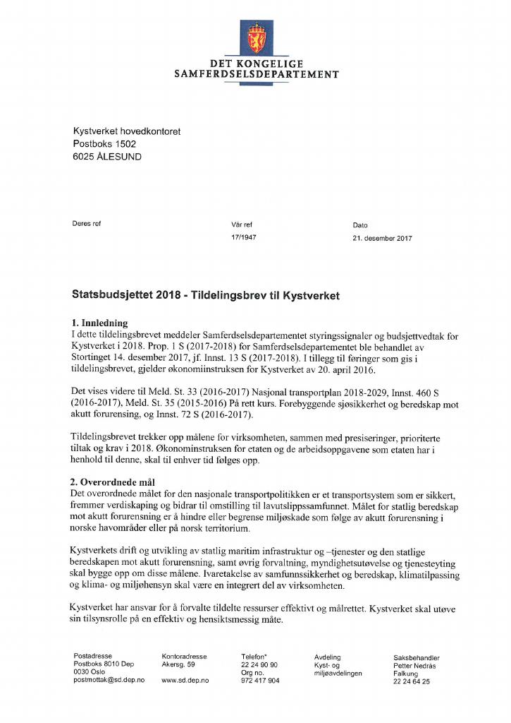 Forsiden av dokumentet Tildelingsbrev Kystverket 2017