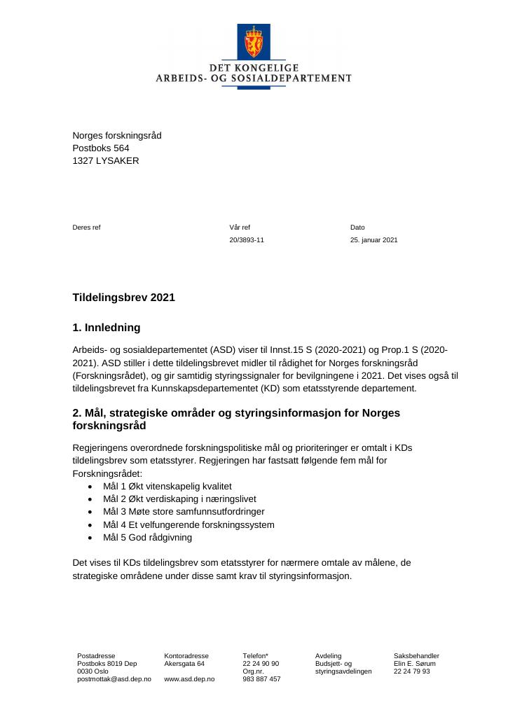Forsiden av dokumentet Tildelingsbrev Norges forskningsråd 2021