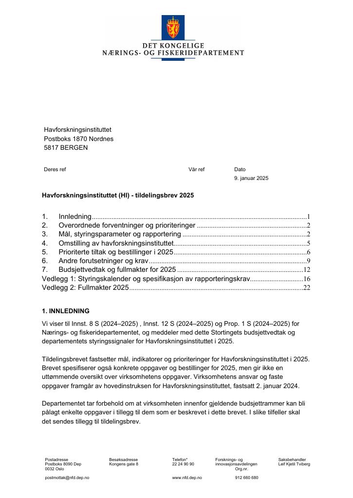 Forsiden av dokumentet Tildelingsbrev Havforskningsinstituttet 2025