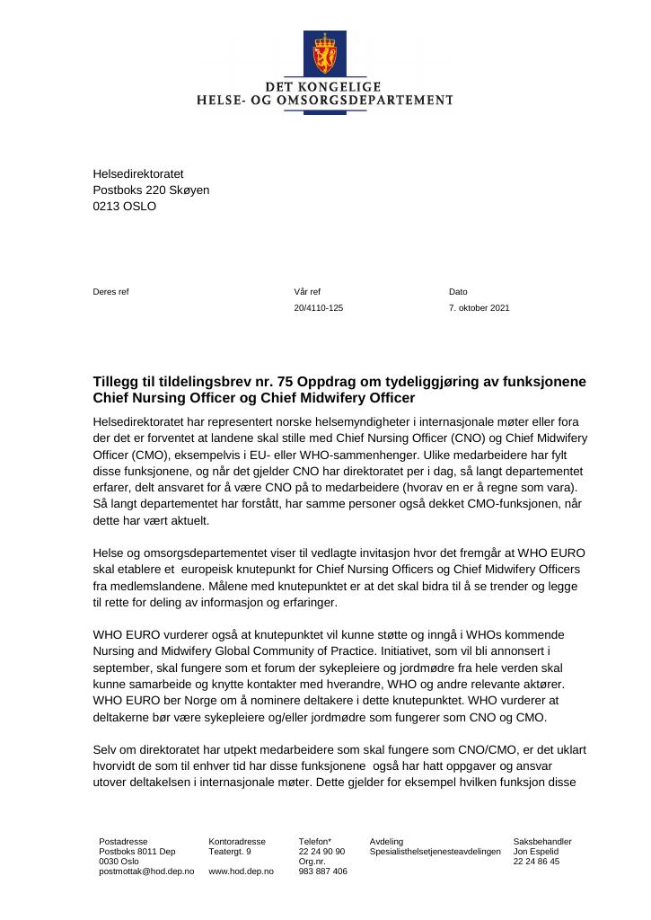 Forsiden av dokumentet Tildelingsbrev Helsedirektoratet 2021 - tillegg nr. 75