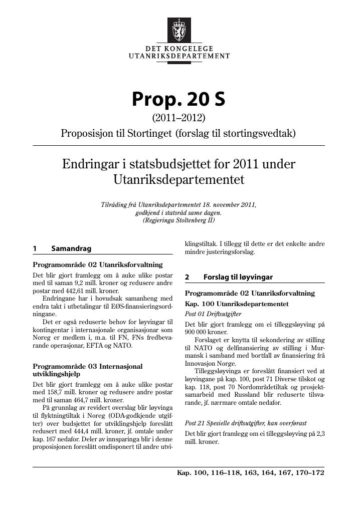 Forsiden av dokumentet Prop. 20 S (2011–2012)