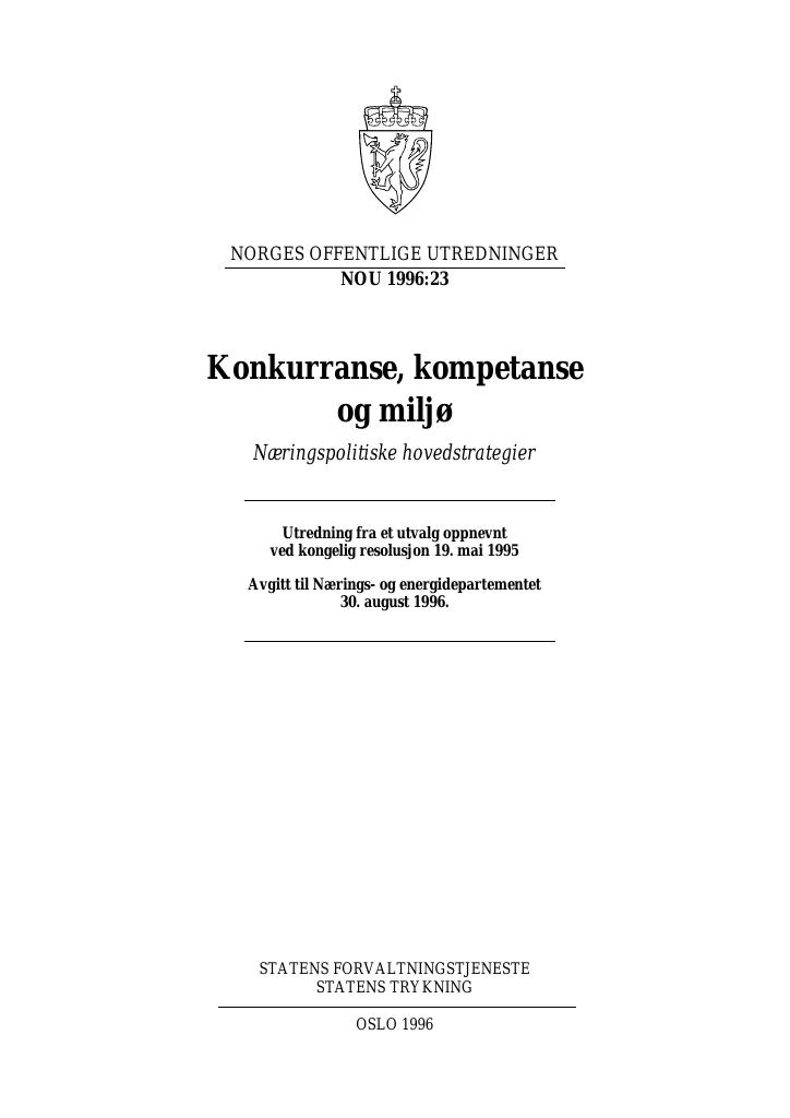 Forsiden av dokumentet NOU 1996: 23 - Konkurranse, kompetanse og miljø