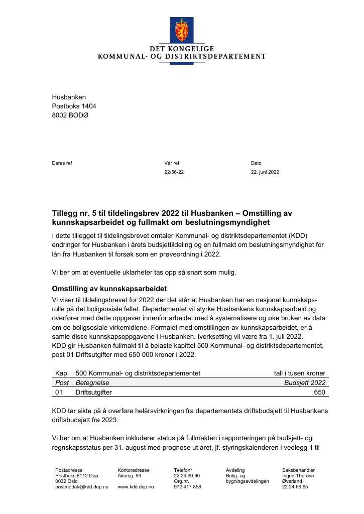 Forsiden av dokumentet Tildelingsbrev Husbanken 2022 - tillegg nr. 5