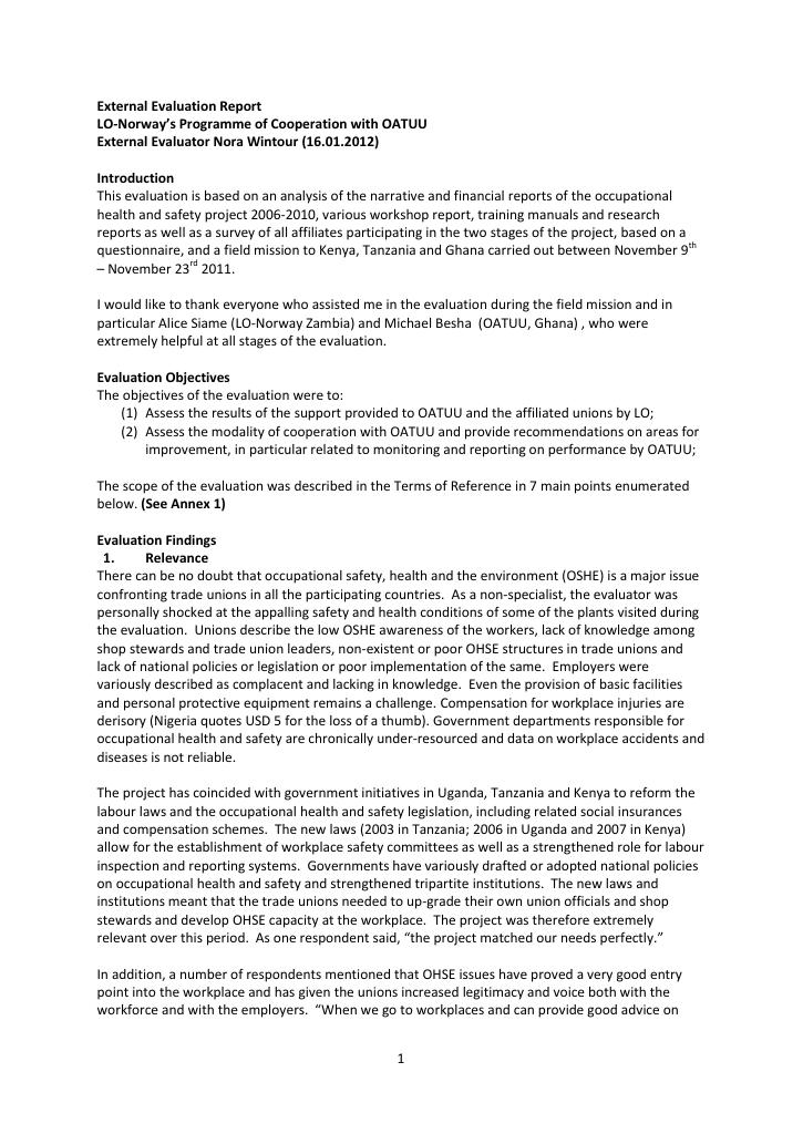Forsiden av dokumentet Final Evaluation report: LO-Norway’s Programme of Cooperation with OATUU