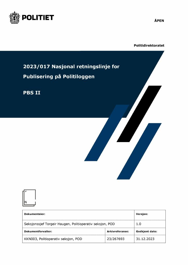 Forsiden av dokumentet Nasjonal retningslinje for publisering på Politiloggen
