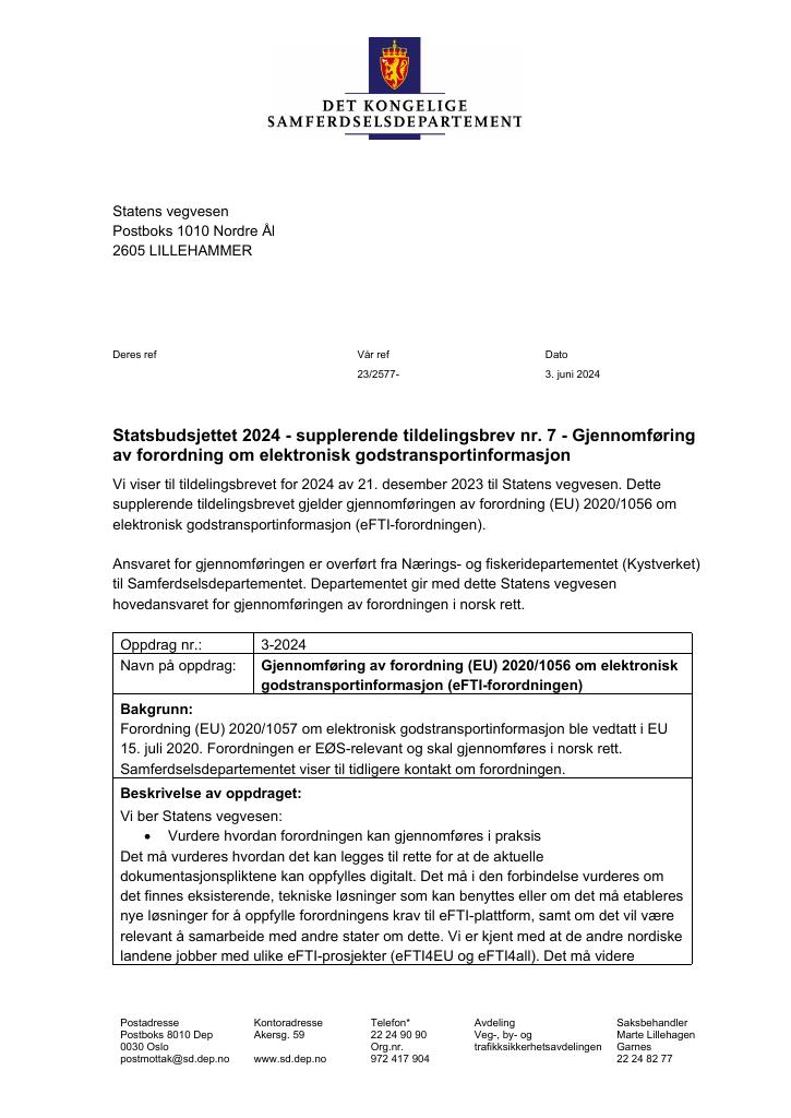 Forsiden av dokumentet Tildelingsbrev Statens vegvesen 2024 - tillegg nr. 7