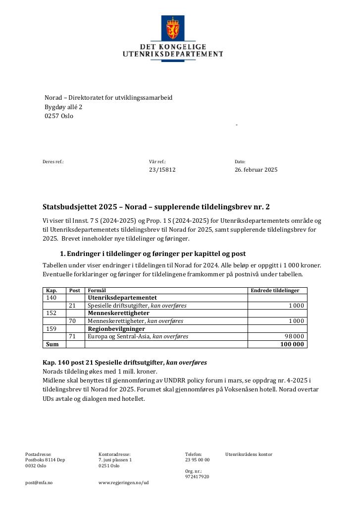 Forsiden av dokumentet Tildelingsbrev Norad 2025 - tillegg nr. 2