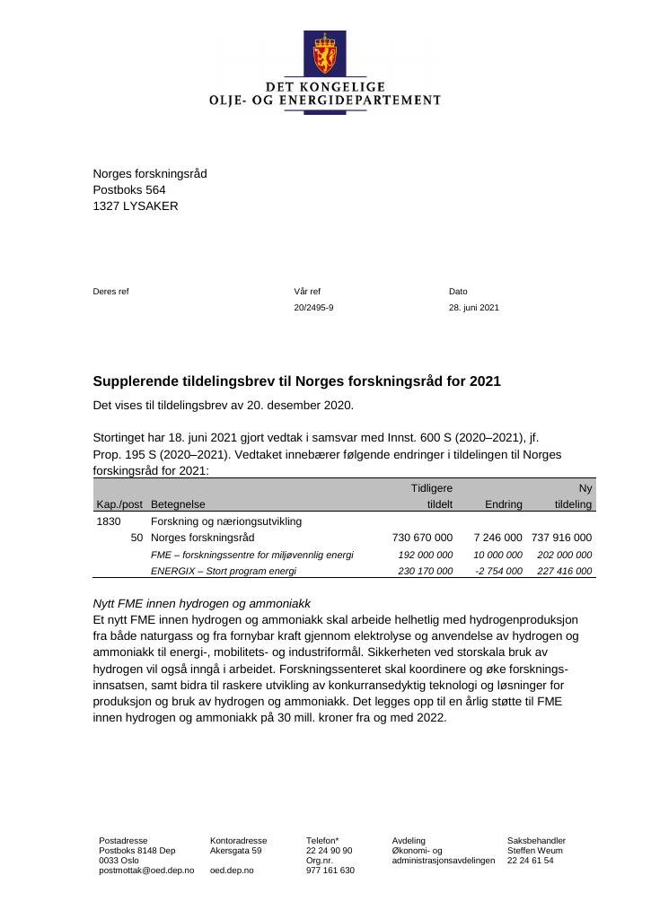 Forsiden av dokumentet Tildelingsbrev Norges forskningsråd 2021 - tillegg nr. 1