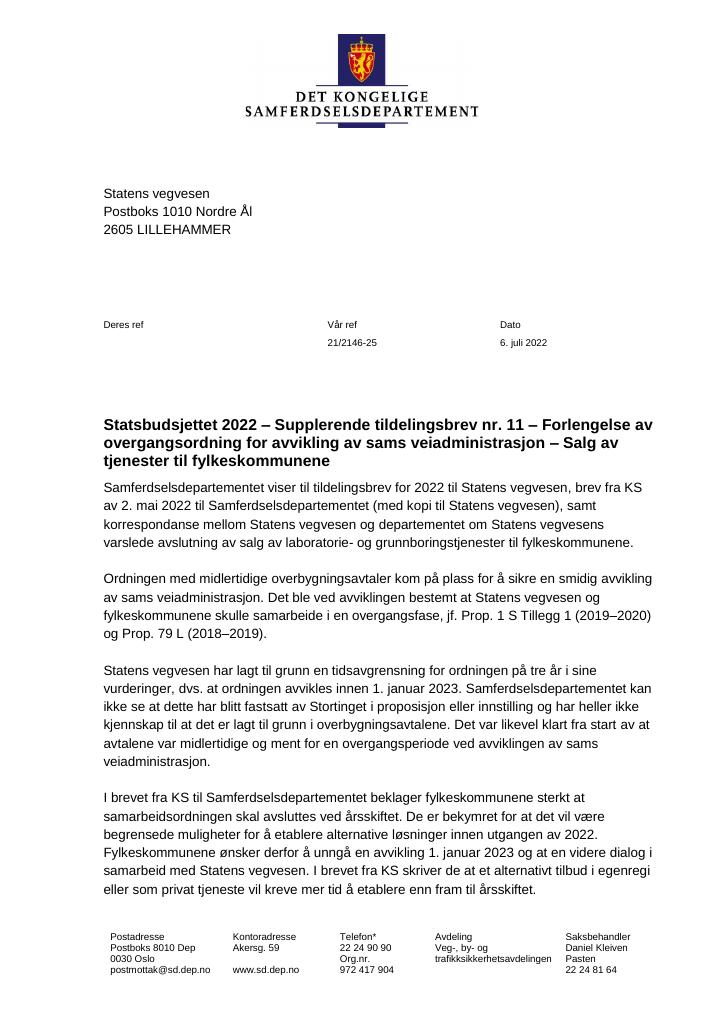 Forsiden av dokumentet Tildelingsbrev Statens vegvesen 2022 - tillegg nr. 11