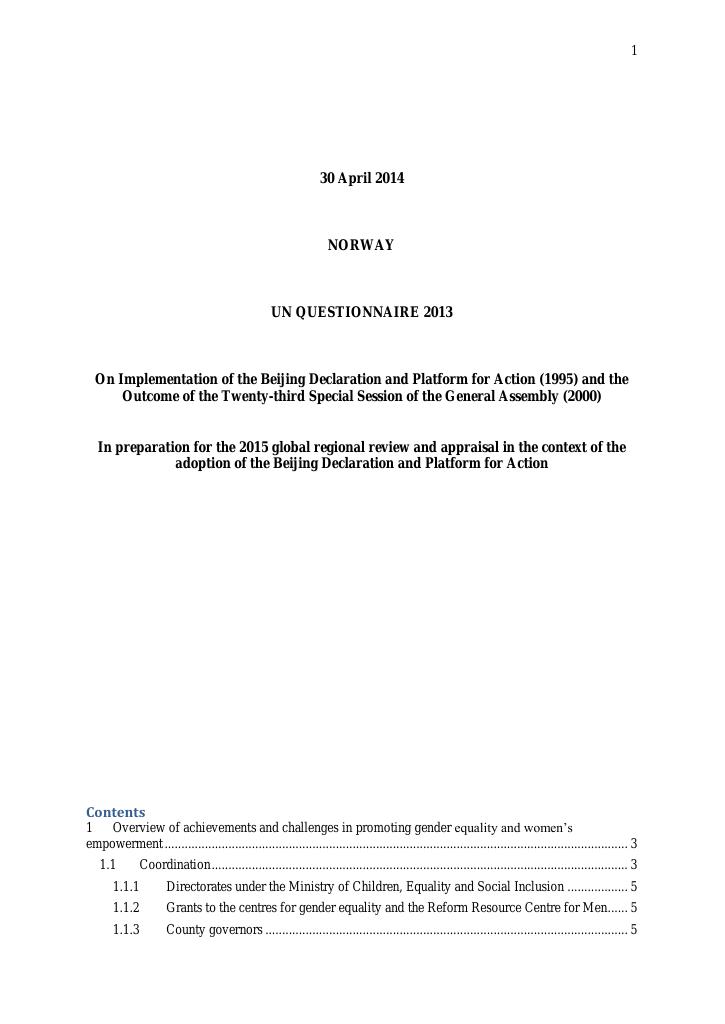 Forsiden av dokumentet FN-rapportering fra Norge: Jenters og kvinners situasjon 2009-2013 (Beijing +20)