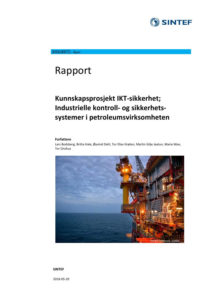 Forsiden av dokumentet Kunnskapsprosjekt IKT-sikkerhet; Industrielle kontroll- og sikkerhetssystemer i petroleumsvirksomheten