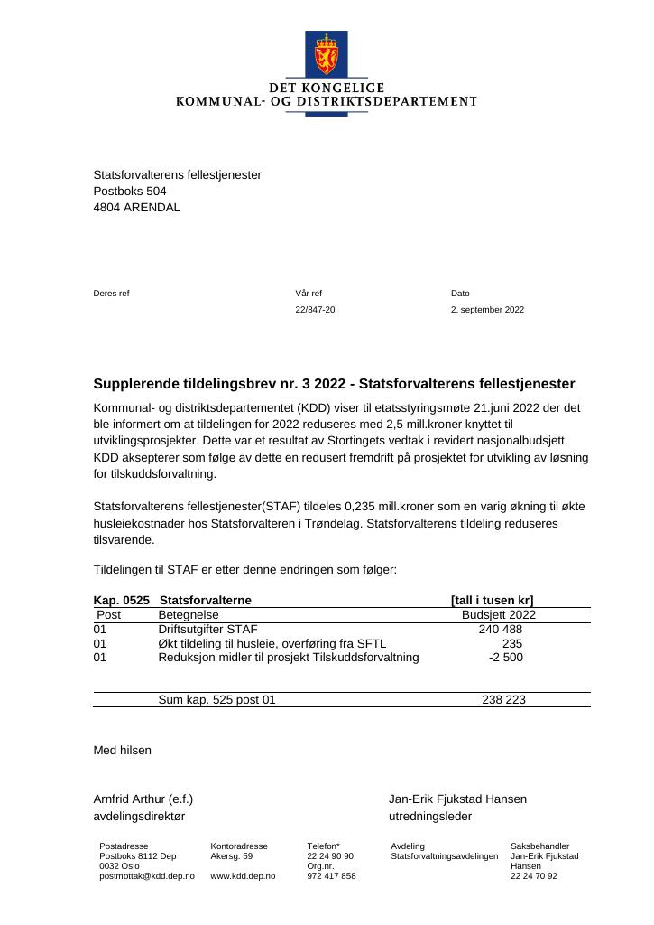 Forsiden av dokumentet Tildelingsbrev Statsforvalterens fellestjenester 2022 - tillegg nr. 3
