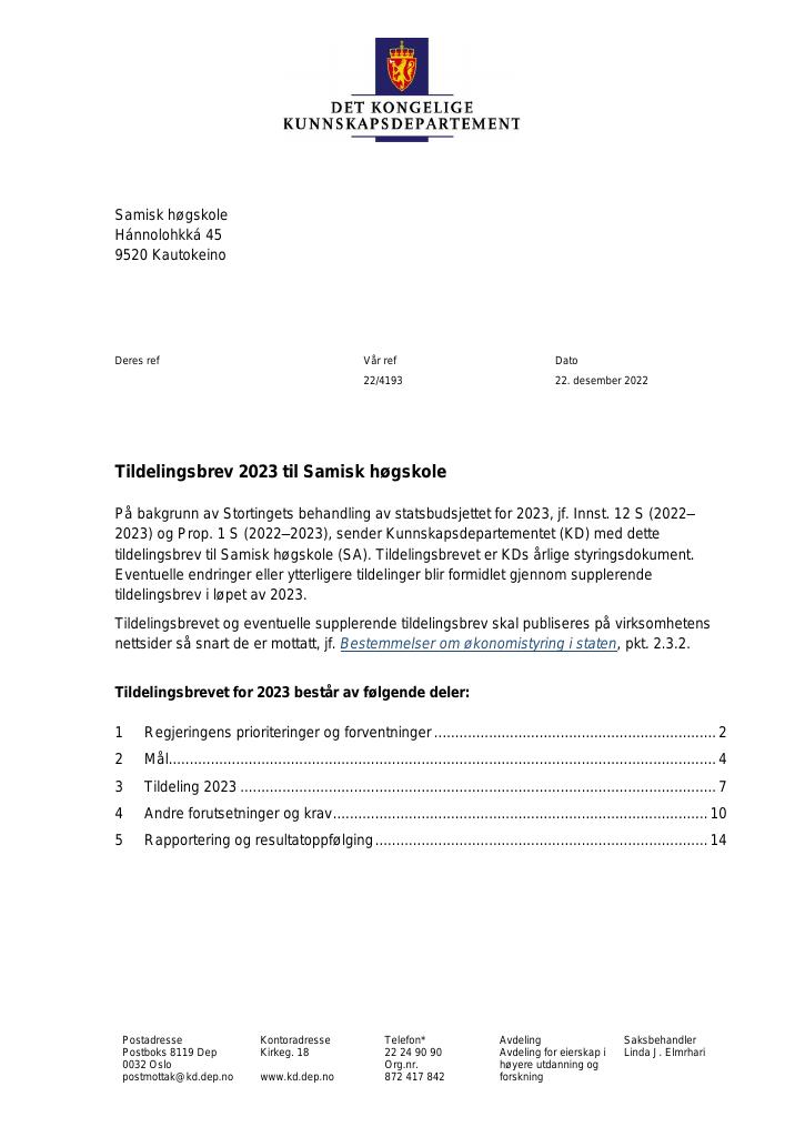 Forsiden av dokumentet Tildelingsbrev Samisk høgskole 2023