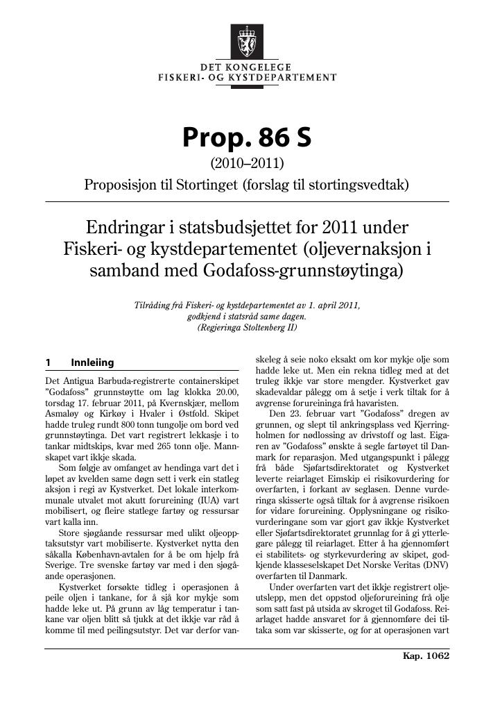 Forsiden av dokumentet Prop. 86 S (2010–2011)