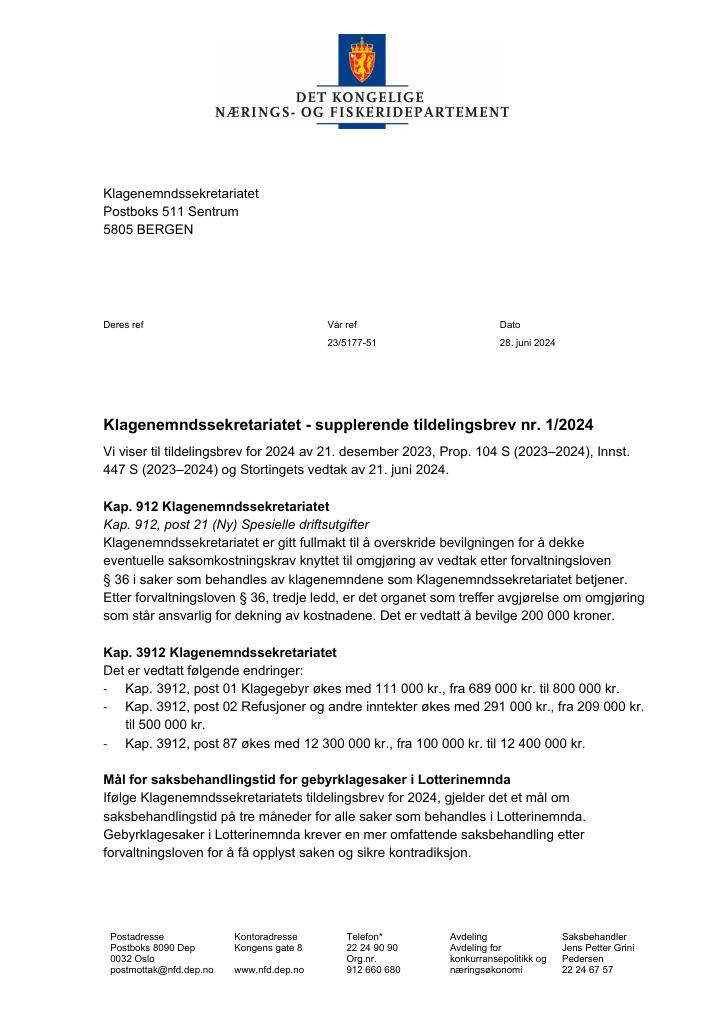 Forsiden av dokumentet Tildelingsbrev Klagenemdssekretariatet 2024 - tillegg