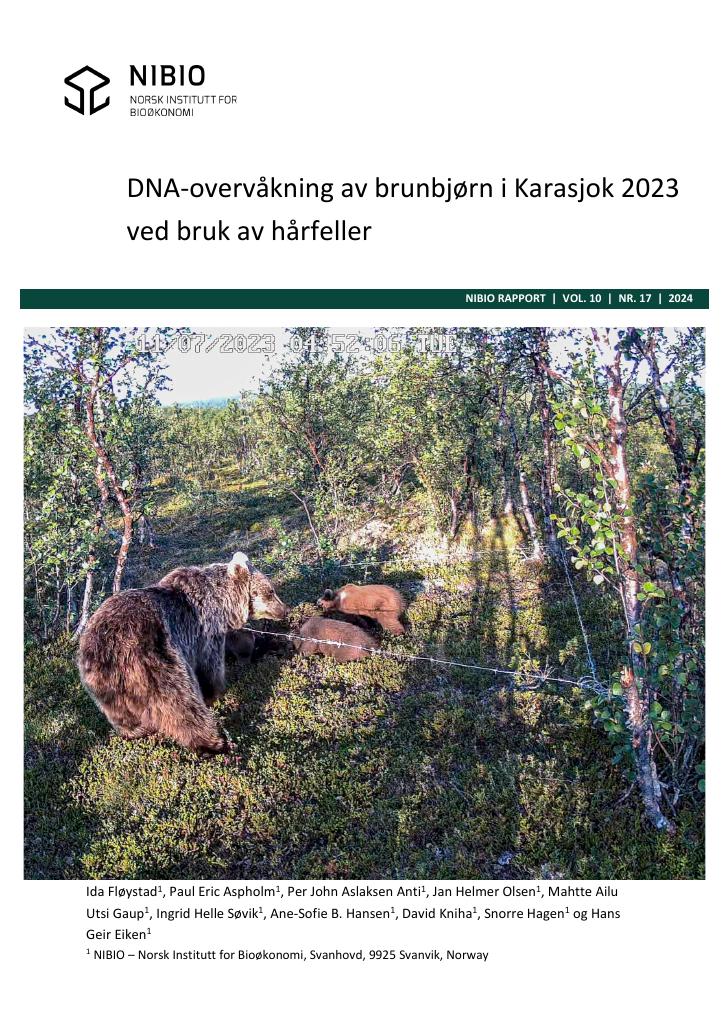 Forsiden av dokumentet DNA-overvåkning av brunbjørn i Karasjok 2023 ved bruk av hårfeller