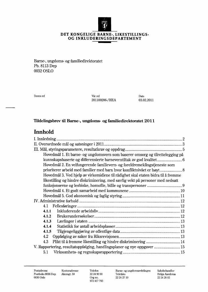 Forsiden av dokumentet Tildelingsbrev 2011