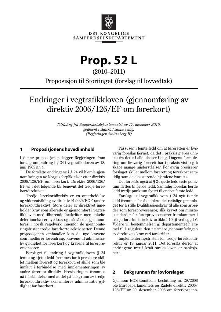 Forsiden av dokumentet Prop. 52 L (2010–2011)