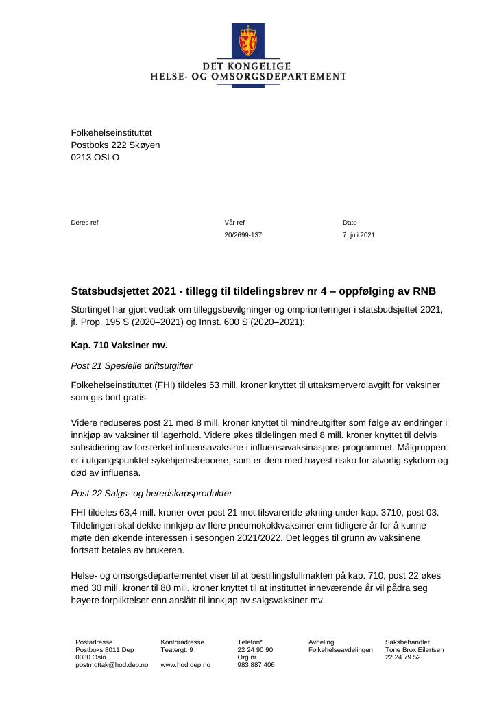 Forsiden av dokumentet Tillegg tildelingsbrev (pdf)