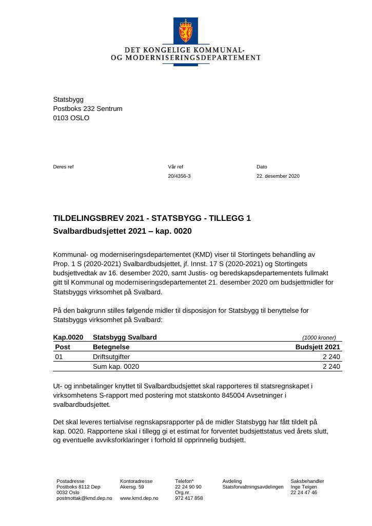 Forsiden av dokumentet Tildelingsbrev Statsbygg 2021 - tillegg nr. 1
