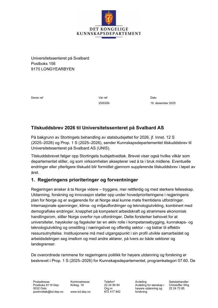 Forsiden av dokumentet Tilskuddsbrev Universitetssenteret på Svalbard 2026