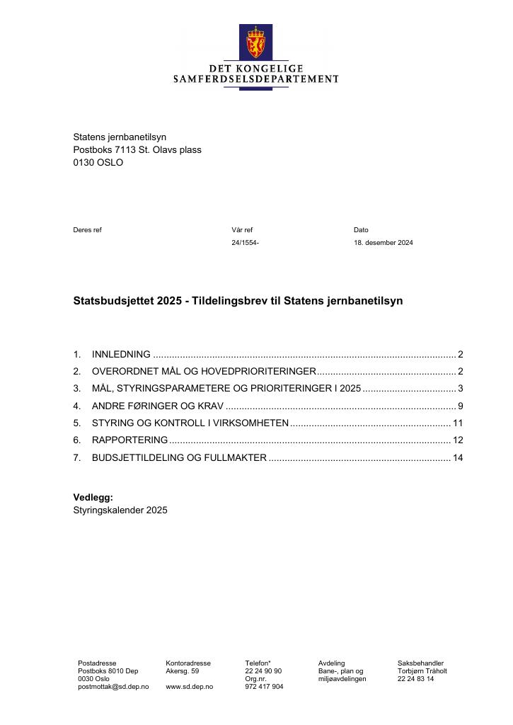 Forsiden av dokumentet Tildelingsbrev Statens jernbanetilsyn 2025