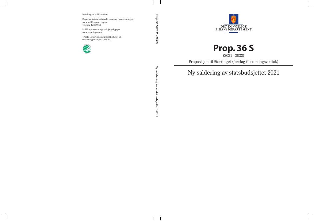 Forsiden av dokumentet Prop. 36 S (2021–2022)