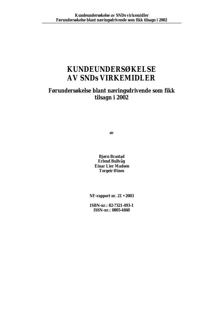 Forsiden av dokumentet Kundeundersøkelse av SNDs virkemidler