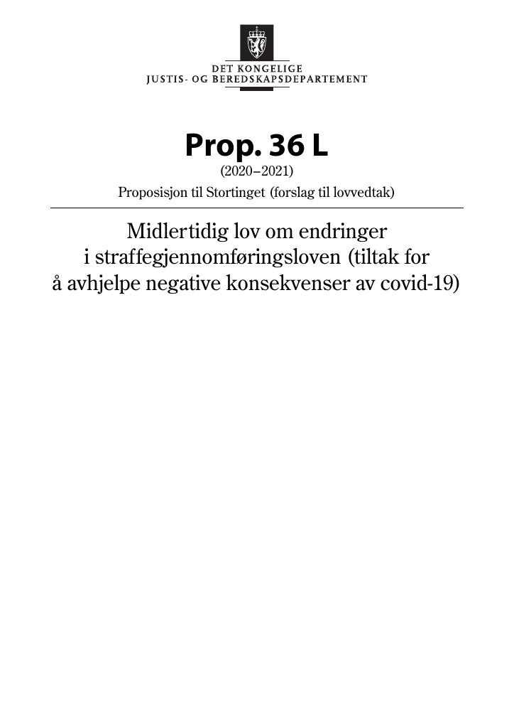 Forsiden av dokumentet Prop. 36 L (2020–2021)