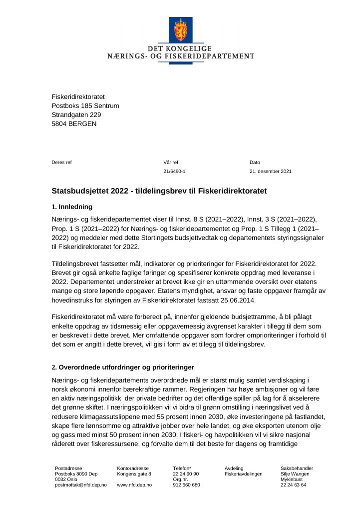 Forsiden av dokumentet Tildelingsbrev Fiskeridirektoratet 2022