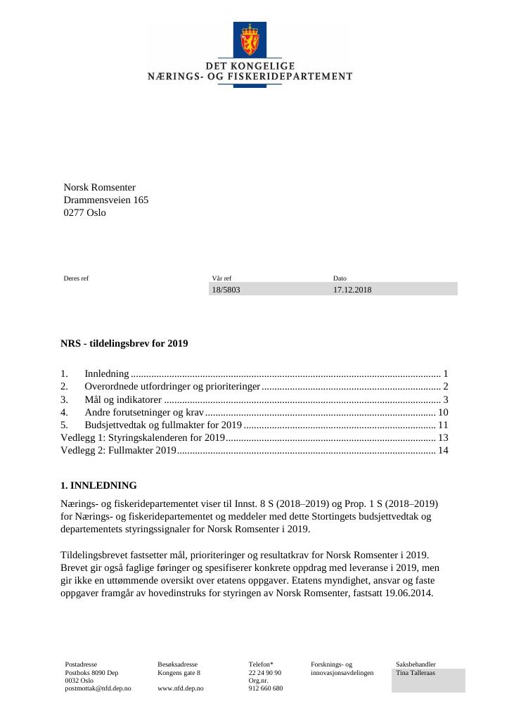 Forsiden av dokumentet Tildelingsbrev Norsk romsenter 2019