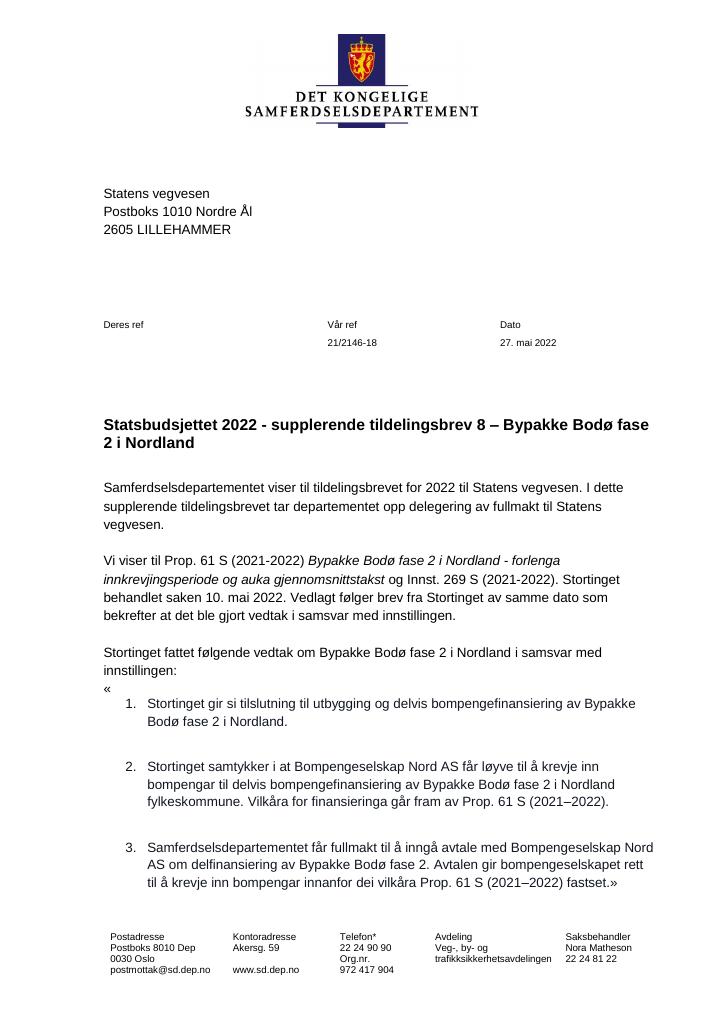 Forsiden av dokumentet Tildelingsbrev Statens vegvesen 2022 - tillegg nr. 8
