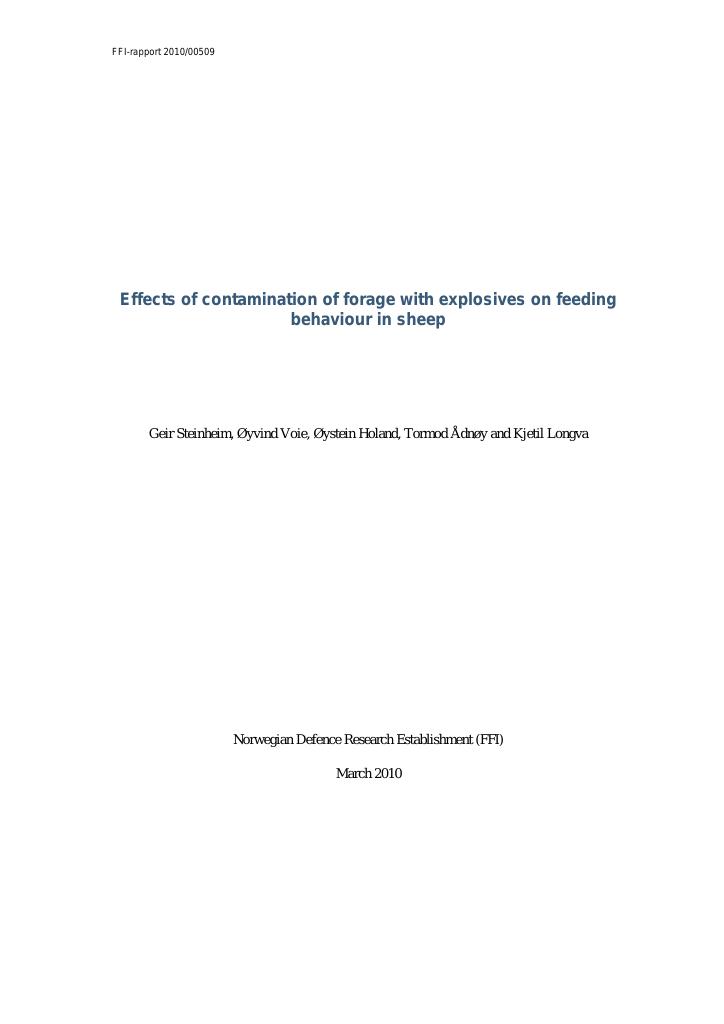 Forsiden av dokumentet Effects of contamination of forage with explosives on feeding behaviour in sheep