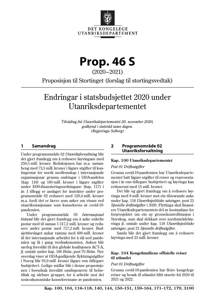 Forsiden av dokumentet Prop. 46 S (2020–2021)