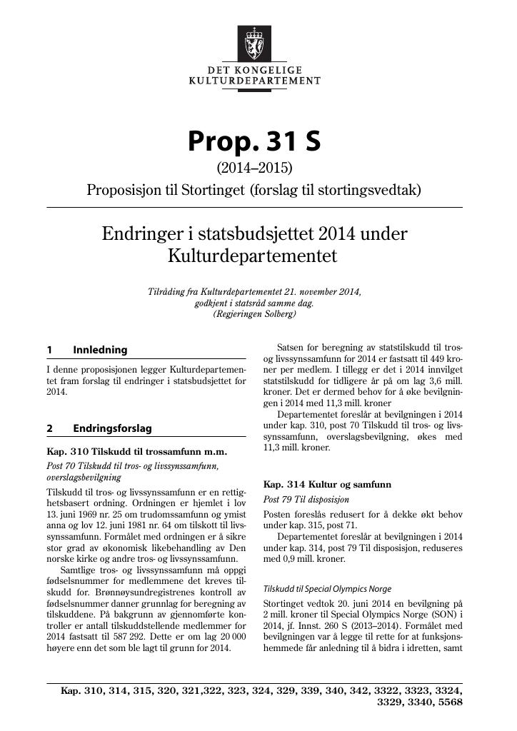 Forsiden av dokumentet Prop. 31 S (2014–2015)