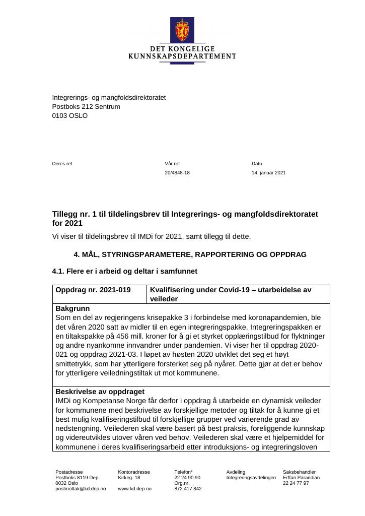 Forsiden av dokumentet Tildelingsbrev Integrerings- og mangfoldsdirektoratet (IMDi) 2021 - tillegg nr. 1 - nr. 6