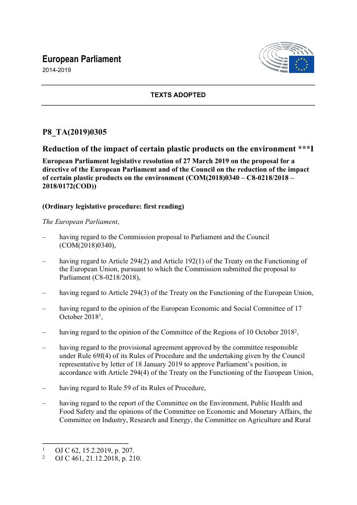 Forsiden av dokumentet Reduction of the impact of certain plastic products on the environment