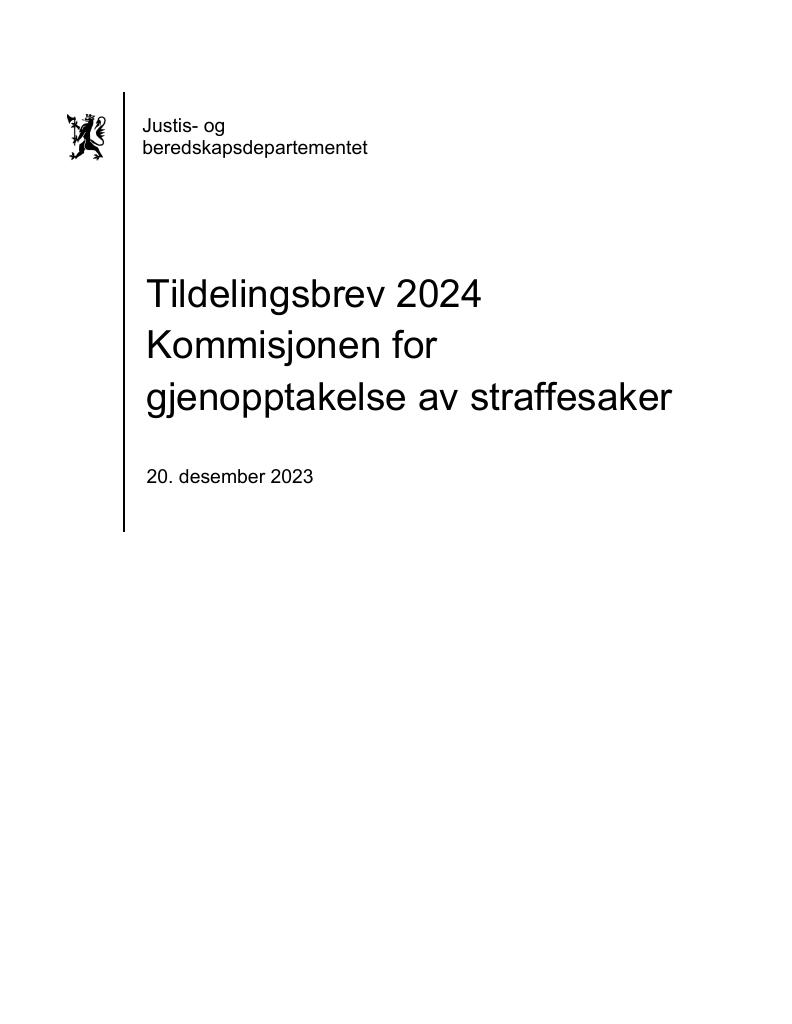 Forsiden av dokumentet Tildelingsbrev Kommisjonen for gjenopptakelse av straffesaker 2024