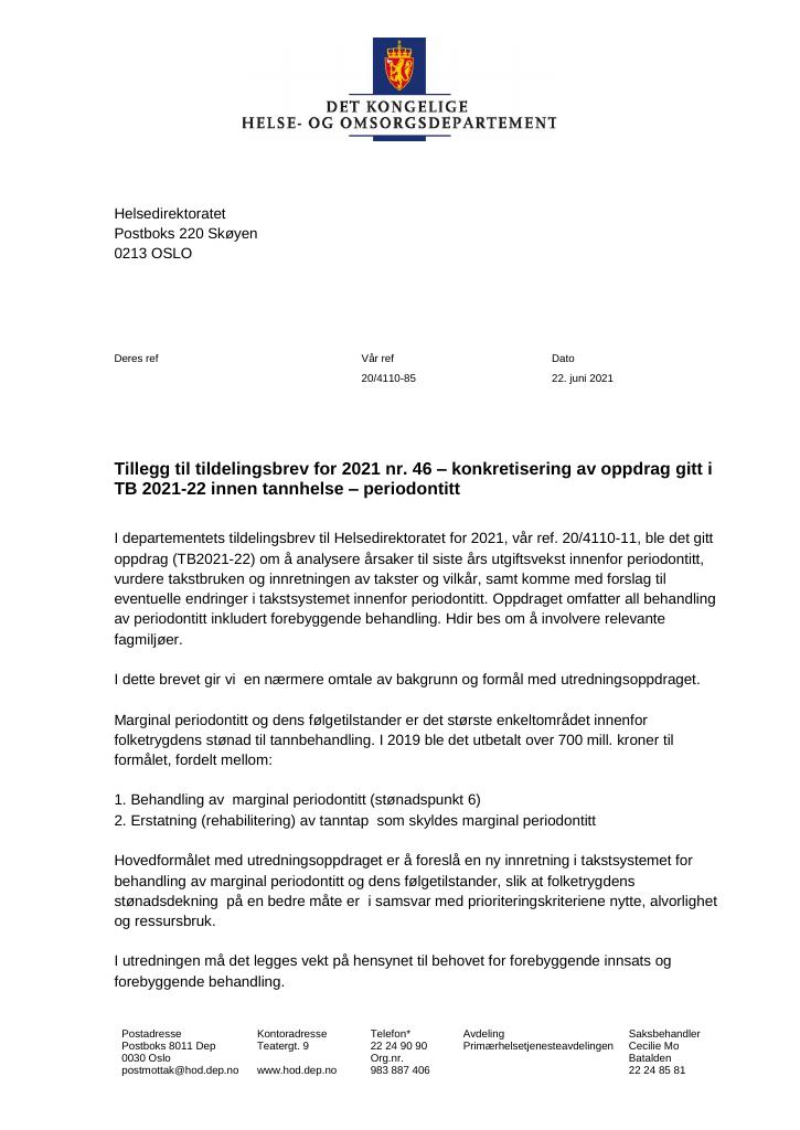 Forsiden av dokumentet Tildelingsbrev Helsedirektoratet 2021 - tillegg nr. 46