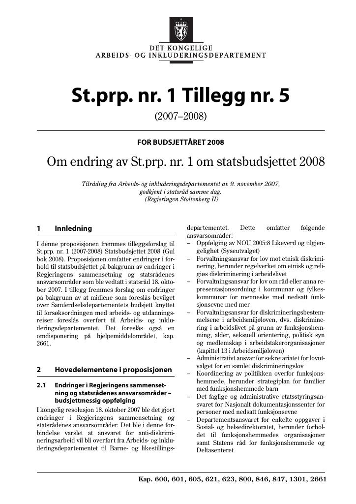 Forsiden av dokumentet St.prp nr. 1 Tillegg nr. 5 (2007-2008)