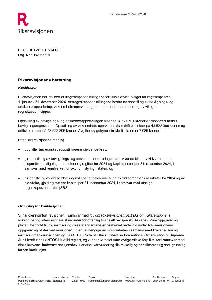 Forsiden av dokumentet Revisjonsberetning Husleietvistutvalget 2024